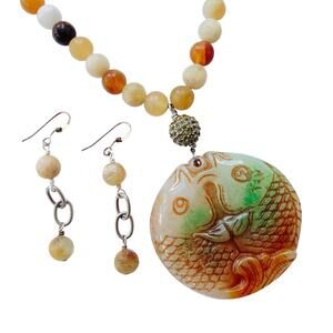 Jadeite Double Fish Pendant Necklace Earrings Set, Real Stone Beads Boho Jewelry